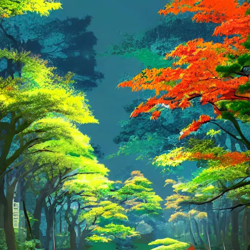 Image similar to a japanese forest, sunny, digital art