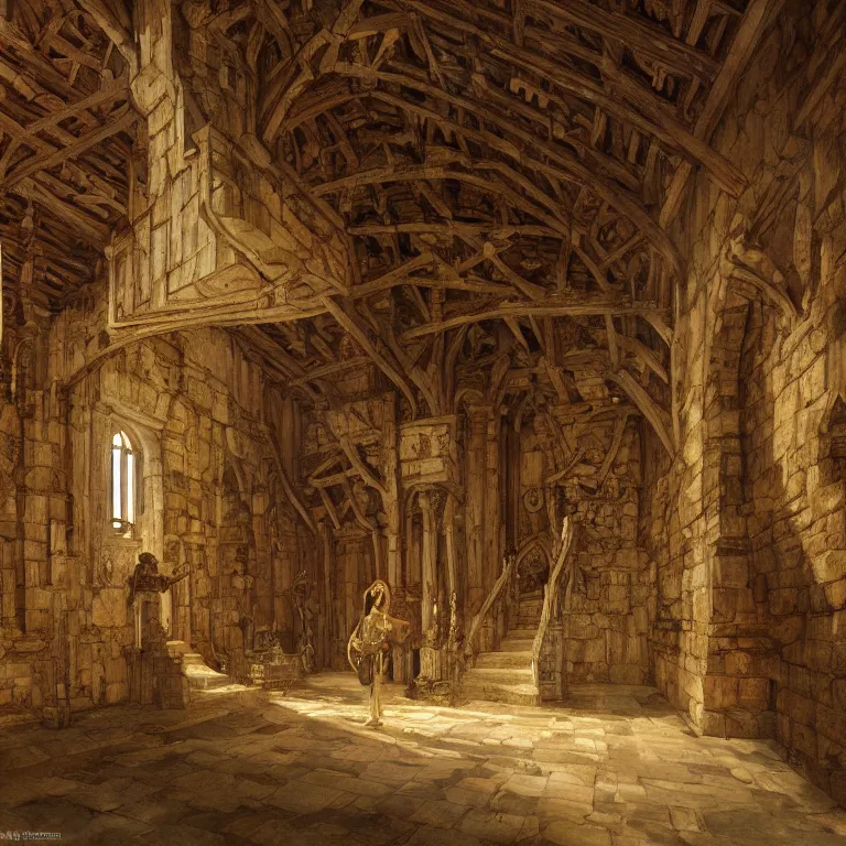 Image similar to a detailed painting of a medieval king hall with wooden walls, there is a big marble statue in the middle of the hall, staircase to the second floor. fantasy poster. lord of the rings style. cinematic fantasy scene. fantasy. carl spitzweg. renaissance elements. renaissance element. oil painting. award winning. trending on artstation. 8 k