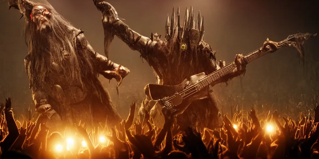 Image similar to sauron plays guitar in a rock concert to a crowd of orcs, lord of the rings, by peter jackson, detailed, realistic lighting, volumetric lighting, 4 k