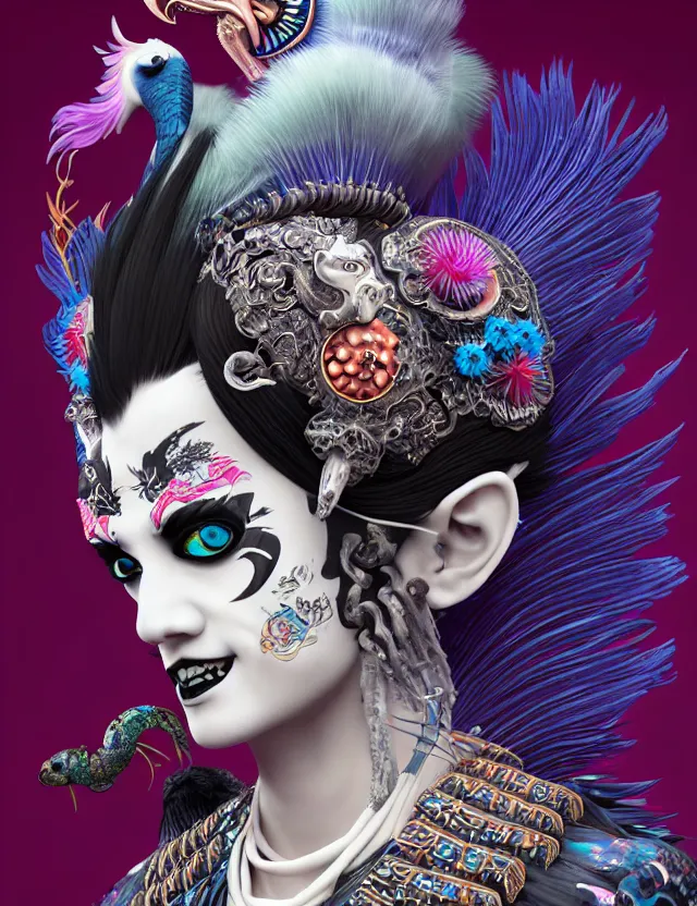 Image similar to 3 d goddess close - up profile portrait punk with mohawk with ram skull. beautiful intricately detailed japanese crow kitsune mask and clasical japanese kimono. betta fish, jellyfish phoenix, bio luminescent, plasma, ice, water, wind, creature, artwork by tooth wu and wlop and beeple and greg rutkowski