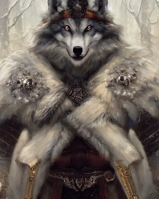 a anthropomorphic wolf king with white fur. Renowned | Stable Diffusion