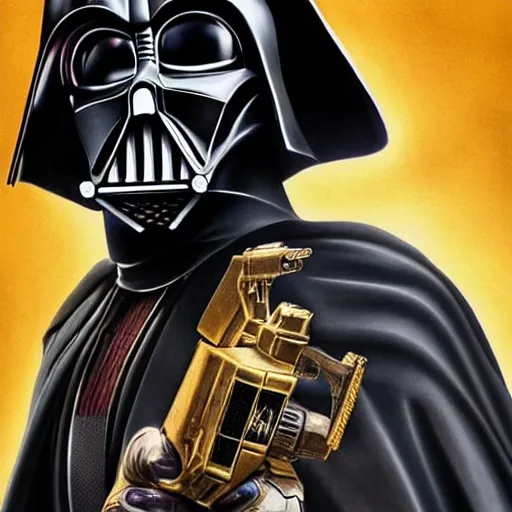 Image similar to hyperrealistic portrait of gothic cyberpunk darth vader holding a golden ak 4 7, 4 k, highly detailed, beautifully rendered