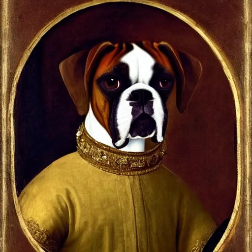 Image similar to potrait of boxer dog dressed as a king in a royal gown, renaissance painting