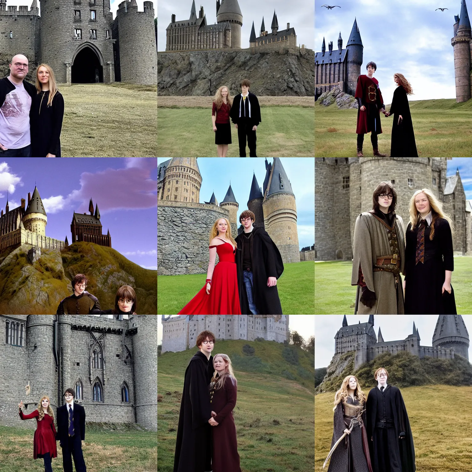 Prompt: miranda ottoas eowyn, and harry potter stand together in front of a castle