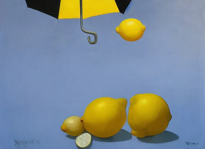 Image similar to abstract composition with lemons and umbrellas, oil on canvas, in the style of Rene Magritte,