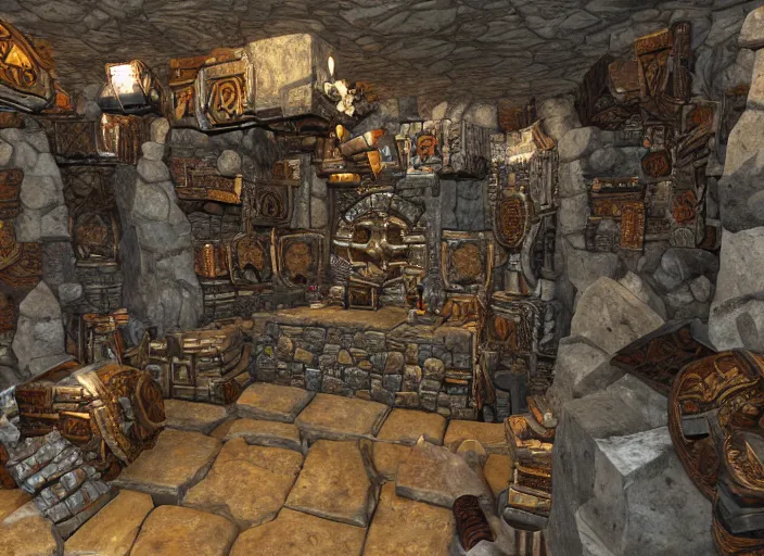 Image similar to a dwarven treasure room containing large multifaceted jewels, war hammers, and dwarven mining equipment