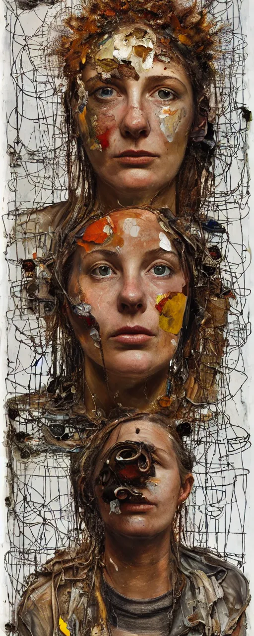 Prompt: a full length portrait of a very ordinary young woman with a distracted expression, Anselm Kiefer and Lucian Freud and Jenny Saville, oil painting, rust, Scaffolding, rusted metal and sunflowers, iron cladding, decay, mixed media, textured, anatomically correct, beautiful perfect face, visible brushstrokes, sharp focus, twisted wire, Highly Detailed, nails, photographic emulsion cracked and peeling, Cinematic Lighting, 8k, HD