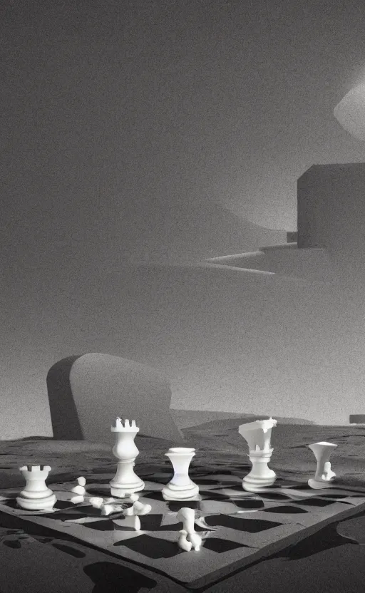 Image similar to surreal dali chess landscape, 3d liminal grainy aesthetic illustration, highly detailed, soft render, volumetric lighting, early morning,