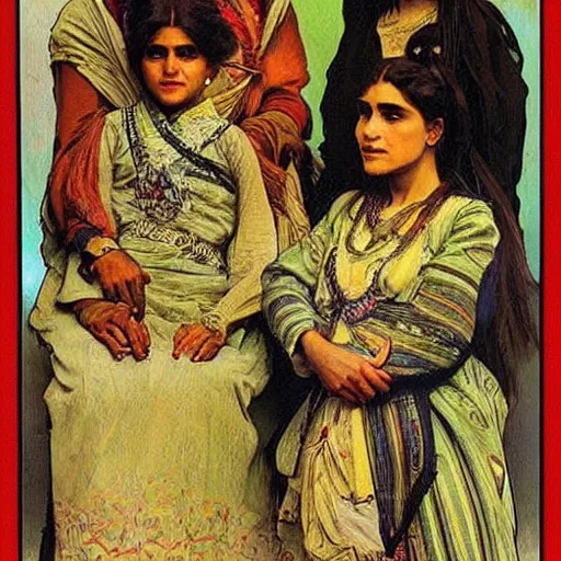 Prompt: Kurdish family Painted By Alphonso Mucha, Highly detailed