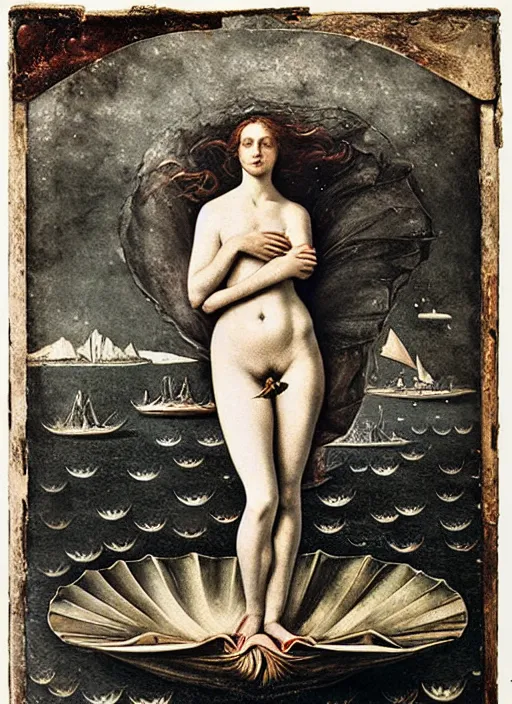 Image similar to old wetplate birth of venus, fractal, intricate, elegant, highly detailed, parallax, leica, medium format, subsurface scattering, by jheronimus bosch and greg rutkowski and louis jacques mande daguerre