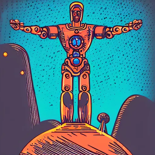 Prompt: detailed comic style illustration of robotic cyborg christ the redeemer statue, in front of a nuclear explosion, cyberpunk, retro-futurist, dark