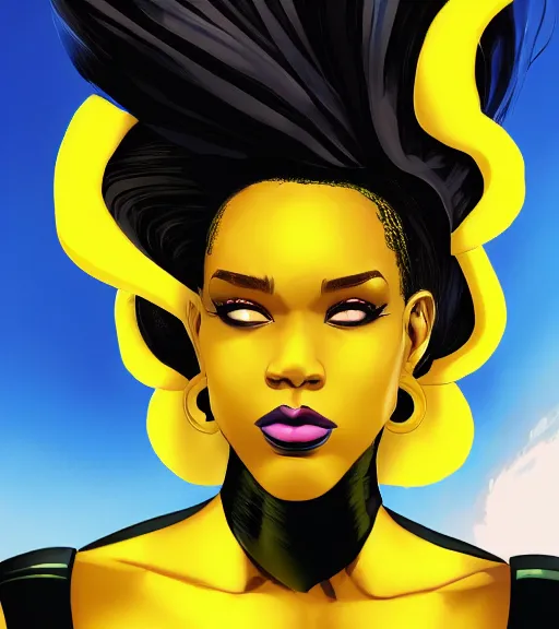 Prompt: a digital painting of a black woman with futuristic hair, side portrait, yellow highlights, a comic book panel by Craig Thompson, behance contest winner, afrofuturism, marvel comics, official art, artstation hq