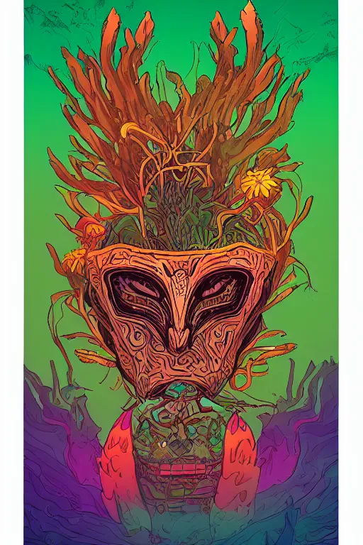 Image similar to animal mask totem roots flower tribal feather gemstone plant wood rock shaman vodoo video game vector cutout illustration vivid multicolor borderlands comics by josan gonzales and dan mumford radiating a glowing aura