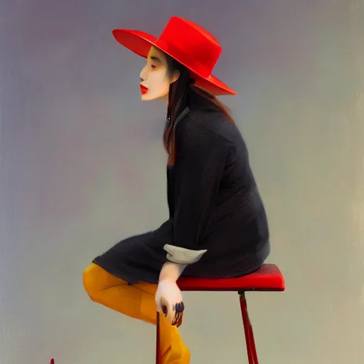 Image similar to a girl wearing a red fedora hat singing in a studio, sitting on a stool, extremely detailed digital painting, in the style of fenghua zhong and ruan jia and jeremy lipking and peter mohrbacher, predominant colors are black and yellow, rim light, beautiful lighting, 8 k, raytracing, octane, trending on artstation