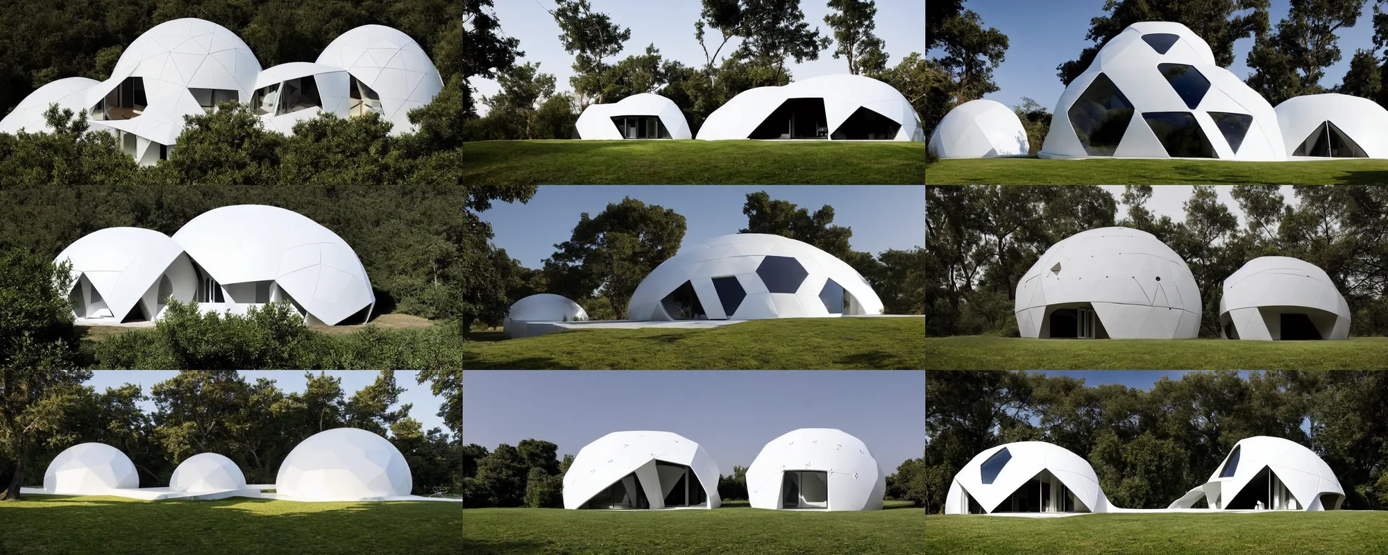 Prompt: geodesic dome house by zaha hadid and santiago caltrava and fuller,, minimal