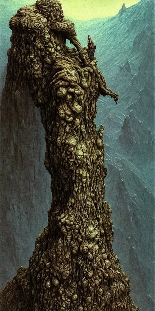 Image similar to A detailed lonley enormous alien sock stands among the mountains. Wearing a ripped mantle, robe. Perfect face, extremely high details, realistic, fantasy art, solo, masterpiece, art by Zdzisław Beksiński, Arthur Rackham, Dariusz Zawadzki