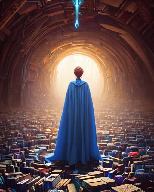 Image similar to highly detailed surreal vfx portrait of a female mage with a blue cape in a labyrinth of books, stephen bliss, unreal engine, greg rutkowski, loish, rhads, beeple, makoto shinkai and lois van baarle, ilya kuvshinov, rossdraws, tom bagshaw, alphonse mucha, global illumination, detailed and intricate environment