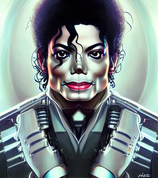 Image similar to symmetry portrait of michael jackson cyberborg ultra detailed, intricate, anime, dynamic lighting, digital art, digital painting, art station, wlop, sharp focus, illustration, art by artgerm and greg rutkowski and alphonse mucha