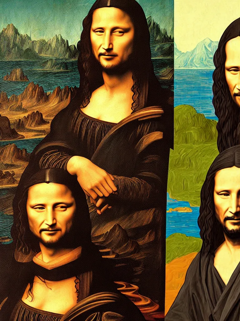 Image similar to painting of keanu reeves in the style of mona lisa, painting by leonardo da vinci