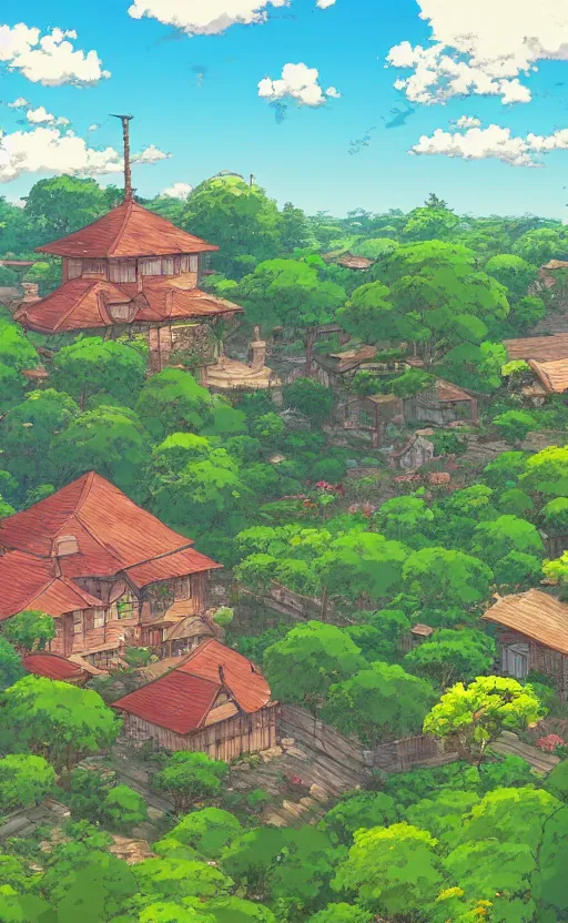 Prompt: anime screenshot wide-shot landscape with house in the apple garden, beautiful ambiance, golden hour, studio ghibli style, by hayao miyazaki, sharp focus, highly detailed,