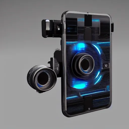 Prompt: cyberpunk smartphone with camera lens attached to it, ultra detailed, octane render, product photo