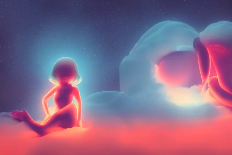 Image similar to a cute alien girl sitting on a cloud relaxing, misty, glows, digital art, hazy, foggy, red lighting, ambient lighting, 8 k,