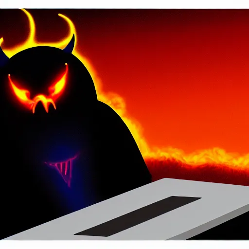 Image similar to a demon programmer using a laptop ~ evil smile ~ lava background ~ digital art ~ two horns ~