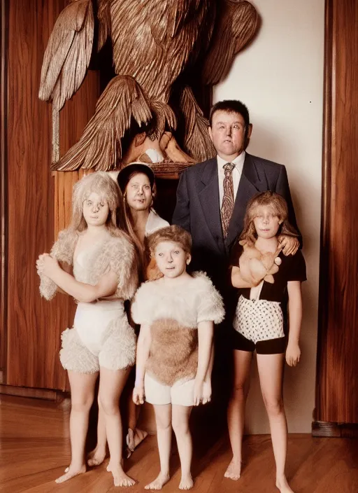 Image similar to realistic photo portrait of the family wearing fluffy shorts, beautiful symmetrical faces, standing in the wooden polished and fancy expensive interior room next to a wooden bird idol sculpture 1 9 9 0, life magazine reportage photo