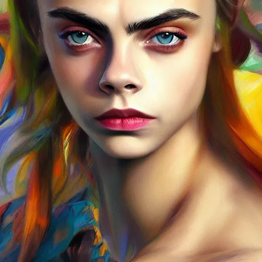 Image similar to cara delevingne, full body portrait colorful oil painting by android jones, john jean, yuumei, yanjun cheng, unreal 5, daz, hyperrealistic, octane render, rpg portrait, dynamic lighting, fantasy art, beautiful face