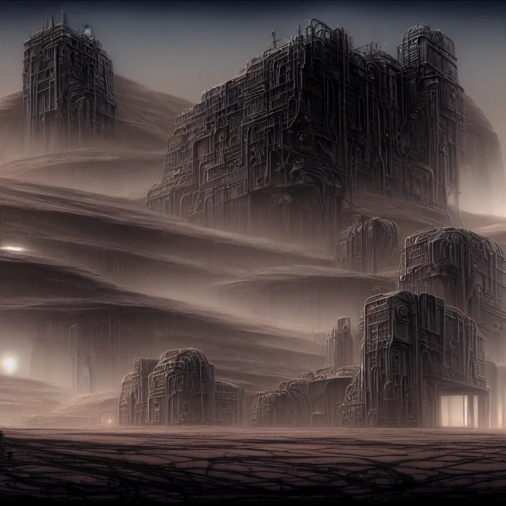 Prompt: industrial city in the desert, dune concept art by Yoshitaka Amano and H.R. Giger, monolithic structures, looming buildings, dark atmosphere, 4k, detailed,