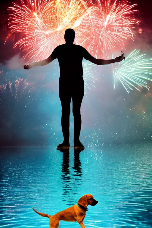 Image similar to man throwing a beagle in the air while standing in water with fireworks in background, full body, silhouette, reflection in water, volumetric lighting, golden ratio, backlit