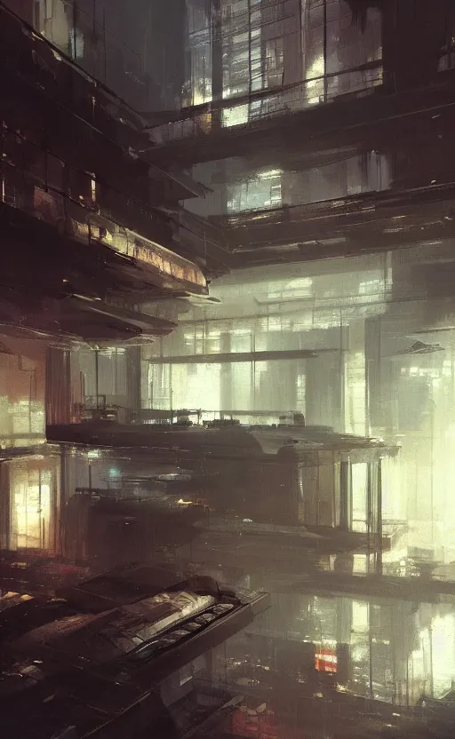 Prompt: luxury high tech loft interior, painting by Craig Mullins, interior design, octane rendering, warm moody lighting, wide angle lens, low view, in the style of blade runner, trending on artstation, 8k,