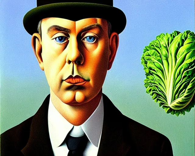 Image similar to a magritte painting of a head of lettuce