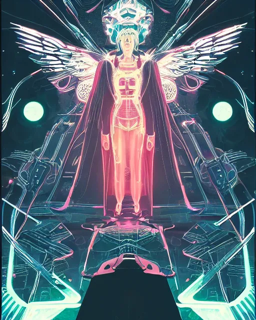 Image similar to white arc - angel with mystic robotic wings, blade runner, akira, ghost in the shell, 2 0 7 7, style of laurie greasley and satoshi kon + symmetric lights and smoke, psychedelic effects, glowing particles, neon rain, glowing runes, de - noise, symmetrical composition, high detailed + tarot card, ornate border, 8 k,