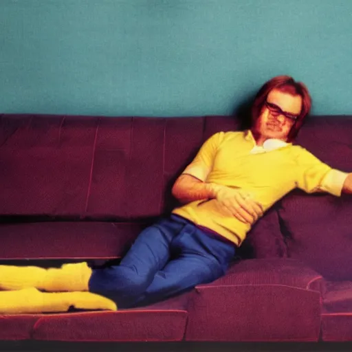 Image similar to lazy guy lying on the couch and doing nothing, 7 0 s advertisement, colorful