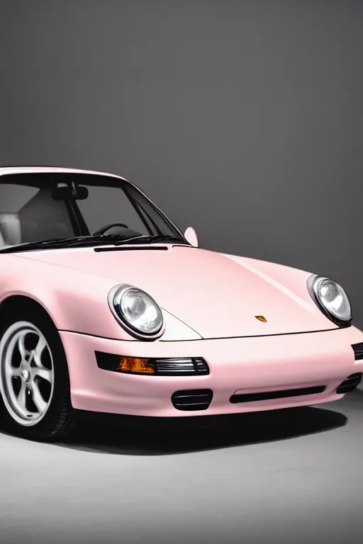 Image similar to Portrait of a light pink Porsche 911 Carrera 3.2, studio lighting, dimly lit, backlit, photoshoot for vogue magazine, highly detailed.