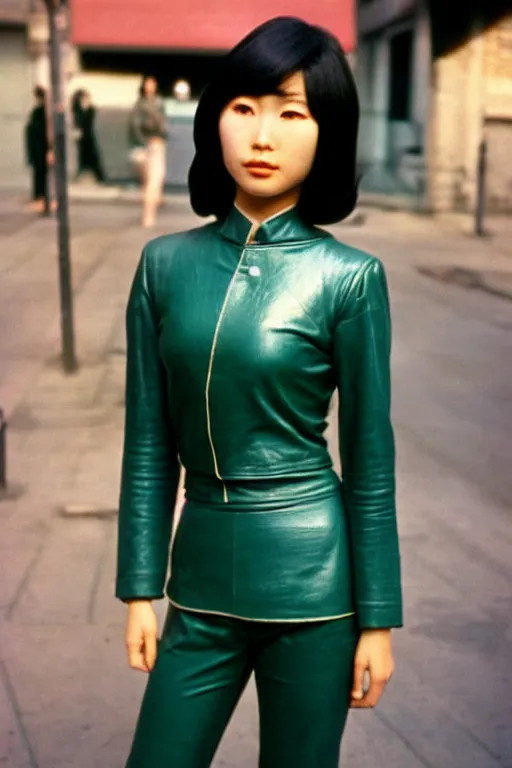 Prompt: ektachrome, 3 5 mm, highly detailed : incredibly realistic, youthful asian demure, exquisite features, feminine cut, portrait photo 1 9 7 0 s frontiers in flight leather suit cosplay fashion, nick night, street photography