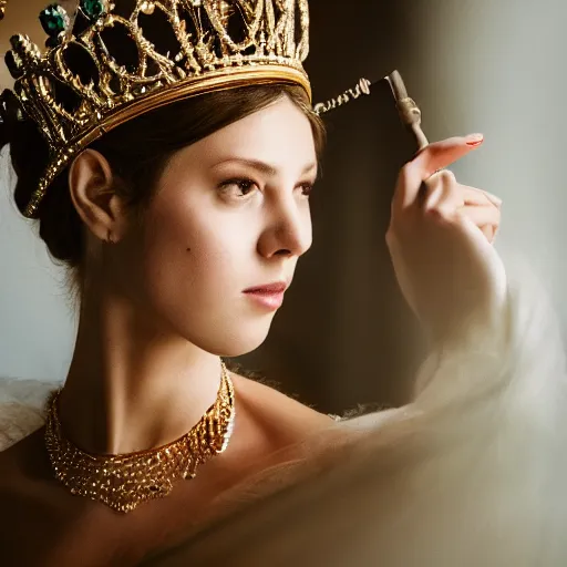 Prompt: a portrait of a beautiful woman wearing a crown, holding a staff, ruler of the world, goddess, princess, silky clothes, light fog, queen of the world, realistic, 8k, ambient lighting, cinematic lighting, depth of field,