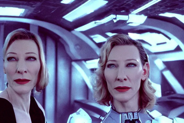 Image similar to cate blanchett on the bridge of a starship,cyborg arm, retro, movie still