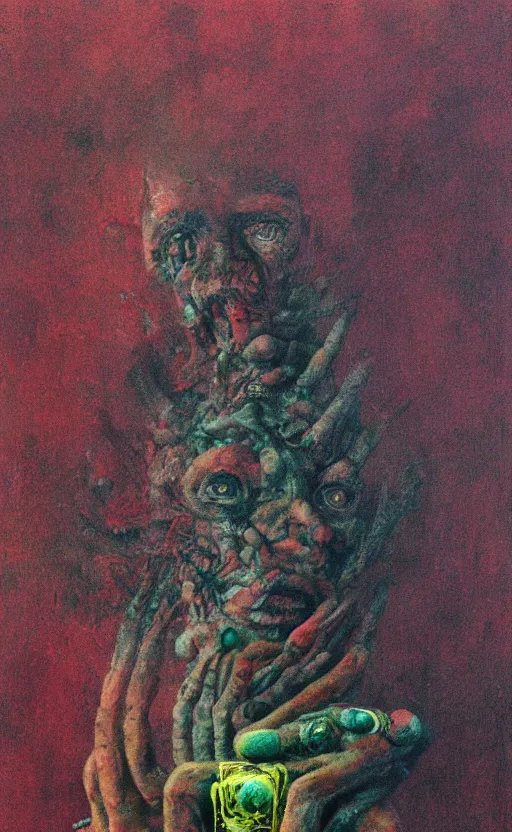 Prompt: trill pills, blurred, dystopian art, grotesque, apocalypse art, doomed, neural acrylic paint, high resolution, gouache on canvas, ultra detailed, vibrant colors, grotesque, wrapped thermal background, slimey, art by francis bacon, beksinski painting
