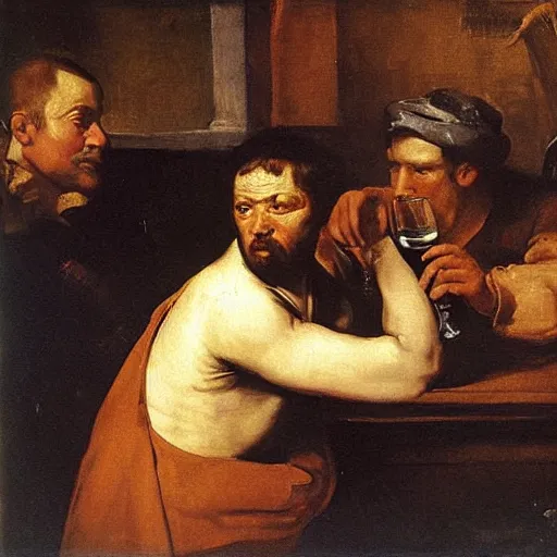 Prompt: painting of Bully from bullseye sitting at the bar of an English pub with a half drunk pint of ale. He looks sad and dejected by carravagio, goya, titian dramatic light