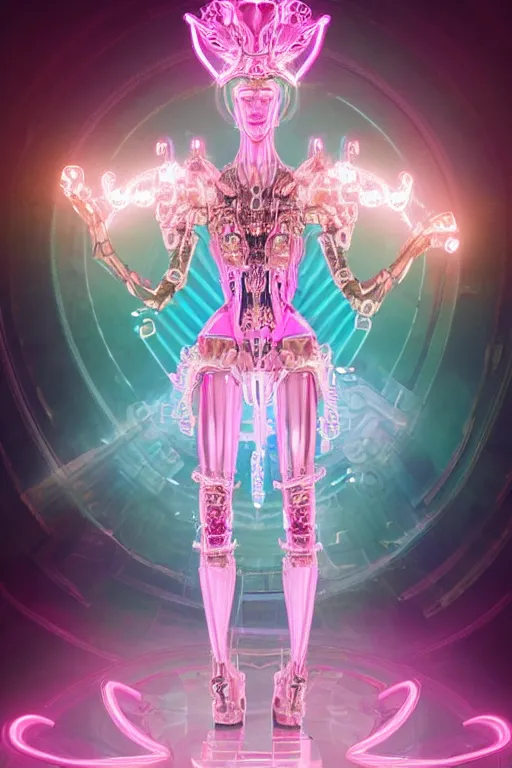 Prompt: full-body baroque and bladerunner style pink neon statue of a beautiful goddess ((mech humanoid)) dancing sim roupa, (((glowing white face))), (crown of golden steampunk gears), emeralds, swirling silver silk fabric. futuristic elements. prismatic liquid rainbow light, full-length view. space robots. (((human skulls))). throne made of bones, intricate artwork by caravaggio. Trending on artstation, octane render, cinematic lighting from the right, hyper realism, octane render, 8k, depth of field, 3D