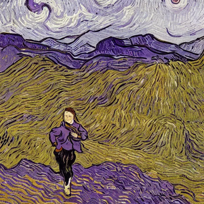 Image similar to woman with brown hair running up a hill, purple colors, painting by van gogh