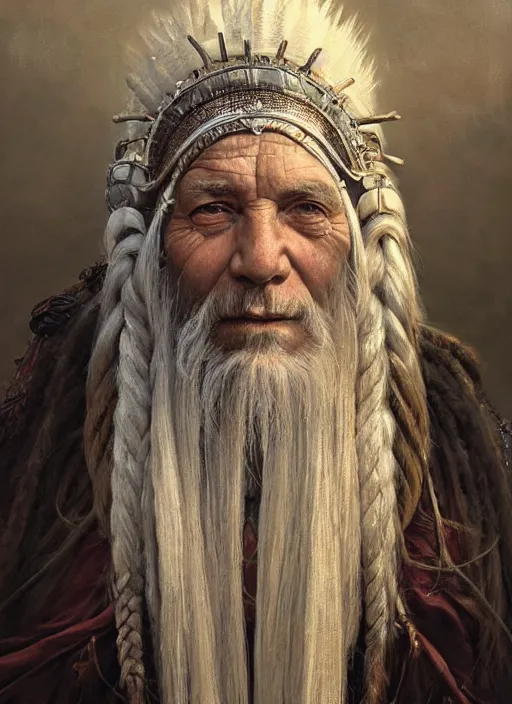 Prompt: portrait of a 9 0 year old giant shaman with long braids of white hair and beard, piercing eyes, wearing ornate helmet, hyper realistic face, epic, very low angle, fantasy art, in the style of greg rutkowski, intricate, alphonse mucha, hyper detailed, smooth