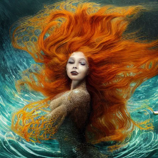 Prompt: Portrait of a mermaid in a sunken ship, face, orange flowing hair, fantasy, intricate, elegant, beautiful, magical, luminescent, enchanted, yellow mist, highly detailed, hyper realistic, digital painting, artstation, concept art, smooth, sharp focus, art by Heady Tale and Artem Demura and Norman Rockwell, 4k, 8k