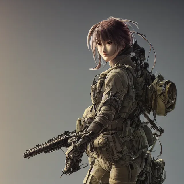 Image similar to the photorealistic portrait of lawful neutral female futuristic marine sniper as absurdly beautiful, gorgeous, elegant, young anime gravure idol, an ultrafine hyperdetailed illustration by kim jung gi, irakli nadar, intricate linework, bright colors, octopath traveler, final fantasy, unreal engine 5 highly rendered, global illumination, radiant light, detailed and intricate environment