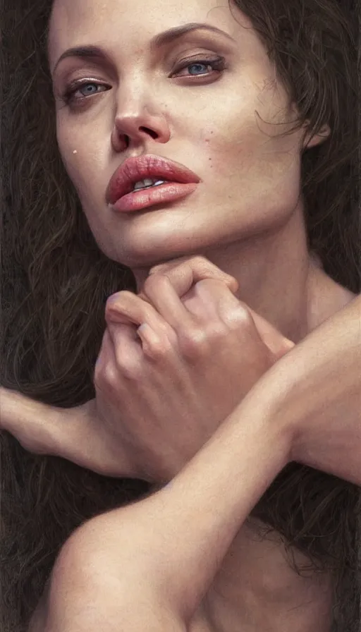 Image similar to epic masterpiece angelina jolie, sweaty skin, hyperrealistic, octane render, cinematic, beautiful face and flawless skin, perfect hands, 5 fingers, by Edgar Maxence and Ross Tran and Michael Whelan, Legends of Runeterra