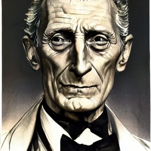 Prompt: Frontal portrait of Peter Cushing. A portrait by Norman Rockwell.