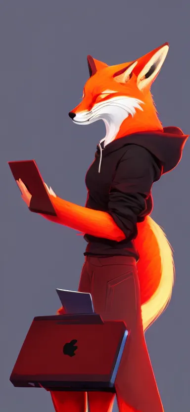 Image similar to a league of legends concept art of an anthropomorphic red fox in a black hoodie holding a portable computer, front view, hoodie with a hacker emblem, artstation, digital art, oc commission, style by jordan grimmer and greg rutkowski, 4 k resolution