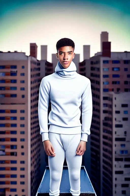 Image similar to un ultra high definition studio quality photographic art portrait of a young man standing on the rooftop of a british apartment building wearing soft padded silver pearlescent clothing. three point light. extremely detailed. golden ratio, ray tracing, volumetric light, shallow depth of field. set dressed.